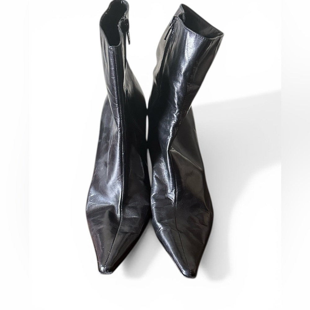 Nine West Black Pointed Toe Leather Ankle Booties with Side Zipper US8.5
